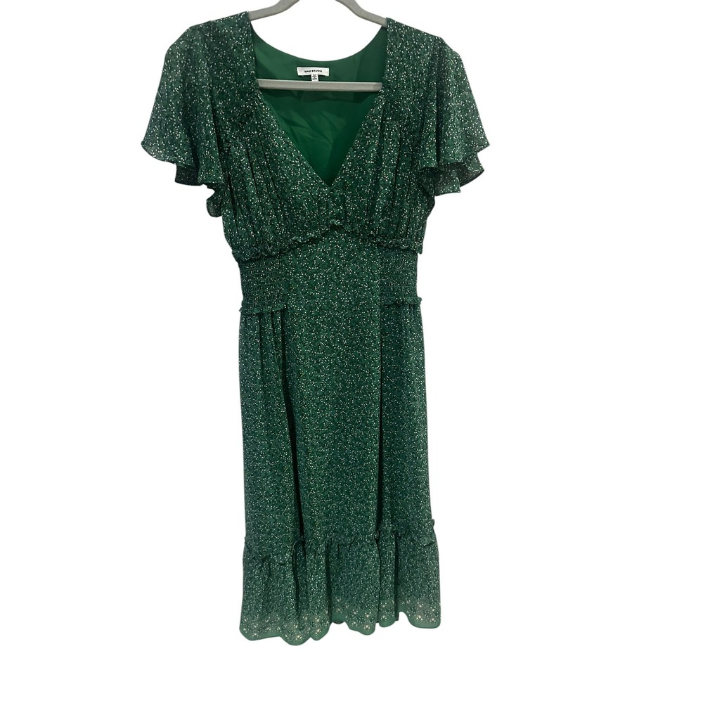 Max Studio Green Floral Smocked Waist Flutter Sleeve Ruffle Midi Dress Medium